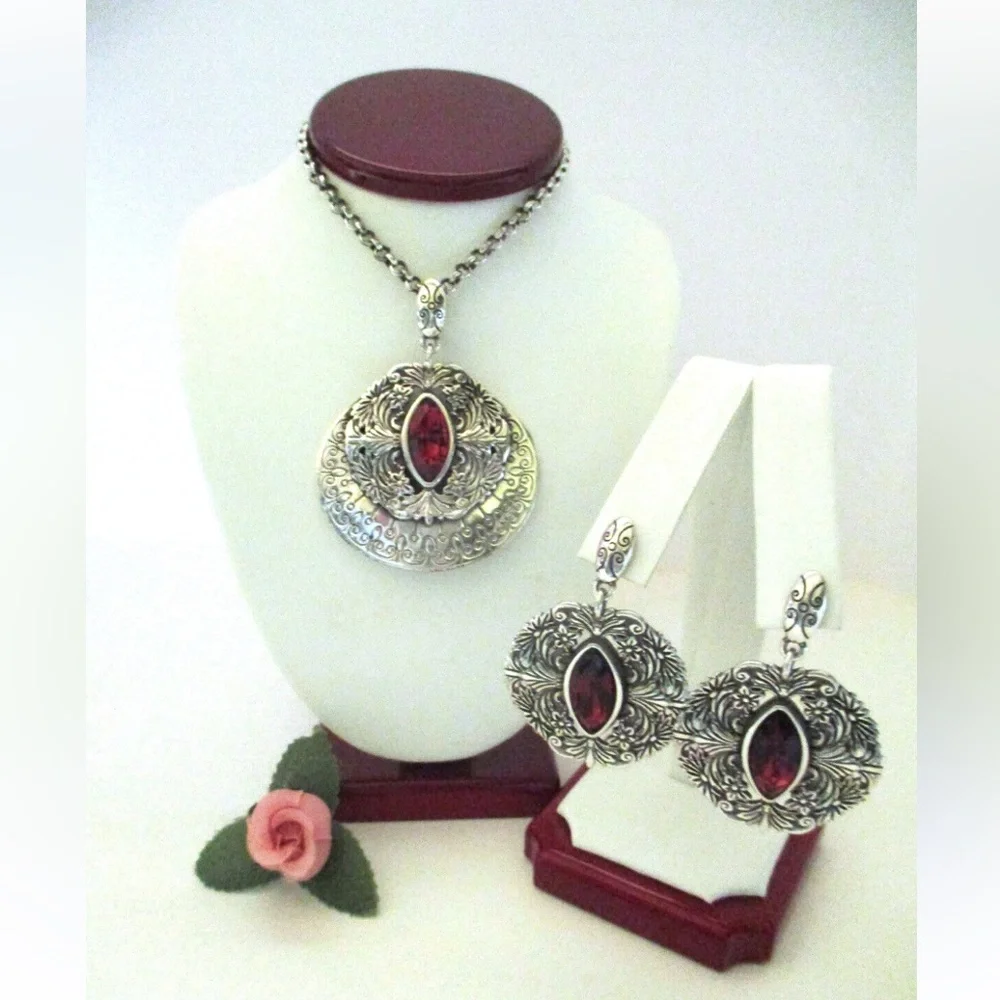 Brighton Rouge Lace Silver Plate Drop Post Earring w Red Navette Crystal - Picture 7 of 7